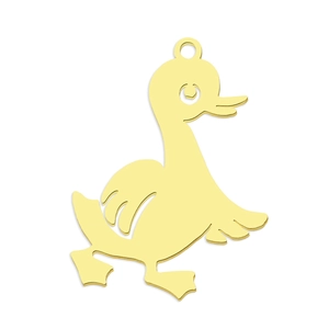 Detail shot of a golden metal duck pendant with smooth finish and top ring for DIY jewelry