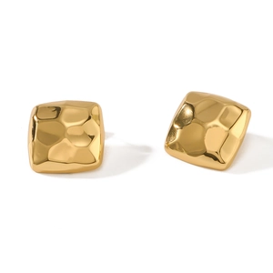 Minimalist square stainless steel stud earrings with golden hammered texture finish