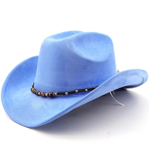 Detail of light blue suede fedora with bohemian braided bead band and metallic accents