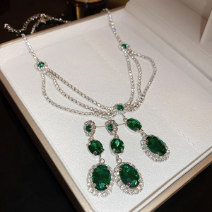 Vintage Emerald Green Zircon Necklace And Earrings Jewelry Copper Rhinestone Multi Layer With Silver Earring Post