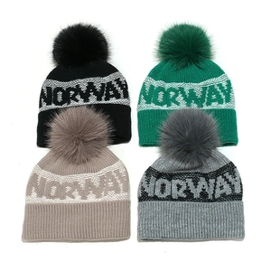 Norway Letter Jacquard Acrylic Knitted Beanie Hat With Faux Fur Pom Pom Winter Warm Fleece Lined Casual Skull Cap