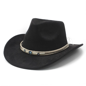 Black faux suede cowboy hat with ethnic woven band featuring evil eye bead ornaments