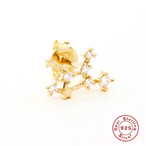 Macro view of gold S925 sterling silver star stud earring with inlaid clear zircon stones