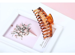 Close-up of large amber tortoiseshell claw clip on elegant white and pink background