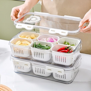 Divided Fridge Organizer Box Transparent Plastic Food Storage Container With Removable Drain Baskets And Date Record Lid Kitchen
