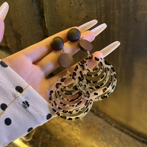 Handmade leopard print resin wood round drop earrings with long tassel dangle style
