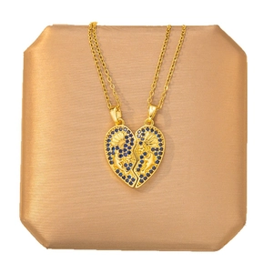 Gold-plated heart magnetic couple necklace set with blue pavé stones and ocean charms
