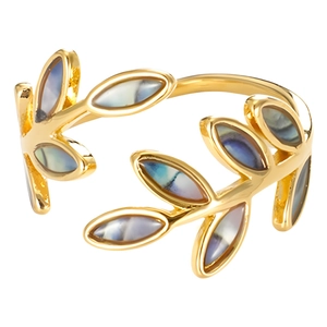 Vintage gold olive leaf open ring with iridescent mother of pearl inlay for women