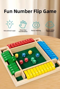 Detail view of the 4-sided wooden board game with green felt and colorful numbered tiles