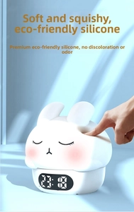 White rabbit silicone night light with digital alarm clock display and soft touch texture