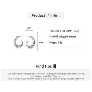 Silver C-shaped rhinestone hoop earrings showing detailed dimensions and product specifications