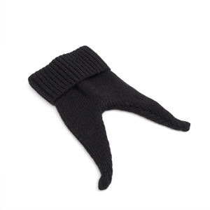 Detail of black ribbed knit pants with wide folded waistband for infants