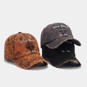 Three acid-washed cotton baseball caps with vintage embroidery and distressed details