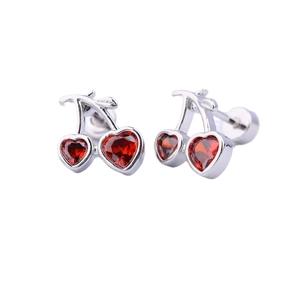 316L stainless steel cherry earrings with red heart stones and silver leaf accents