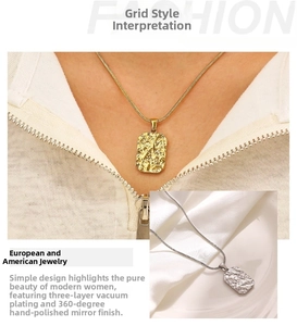 Detail of 18K gold and silver rectangular pendants with hammered molten texture and plating