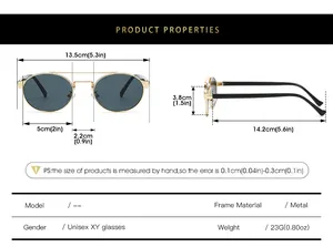 Sizing guide for unisex double bridge metal sunglasses showing dimensions and weight details