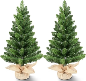 Detail of 60cm mini Christmas trees featuring green PVC needles and burlap-wrapped bases