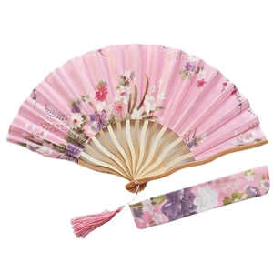 Japanese style pink folding fan with floral patterns, matching pouch, and pink tassel