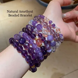 Natural amethyst beaded bracelet set for women with polished purple crystals and silver spacers