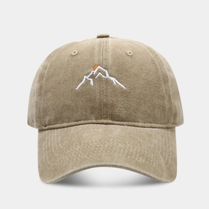 Detailed mountain peaks embroidery on khaki washed cotton vintage baseball cap