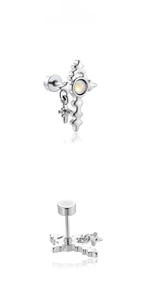 Detail of silver cross stud earring with opal inlay and secure screw back closure