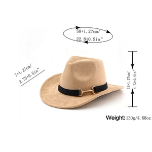 Detailed dimensions of camel suede felt cowboy hat with gold buckle and wide brim
