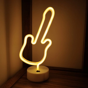 Guitar shaped warm yellow LED neon sign with white base for cozy room desktop decoration