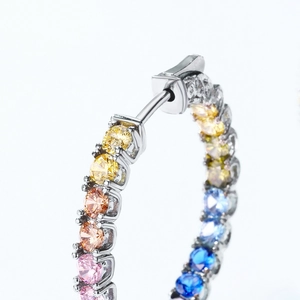 Rainbow cubic zirconia silver hoop earrings with gradient gemstones and prong setting