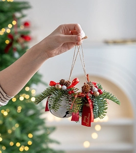 Weihnachtsglocke mit Tannenzapfen und rotem Band vor festlichem Weihnachtsbaum