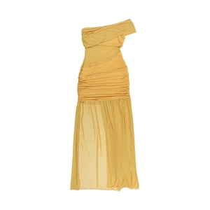 Detail of ruched yellow one-shoulder dress with semi-sheer mesh split skirt layers