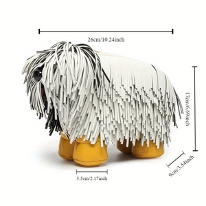 Creative Puli dog handbag with long white leather tassels and dimensional size markings