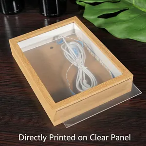 DIY glowing wooden photo frame with LED light and USB cable for home bedroom decoration