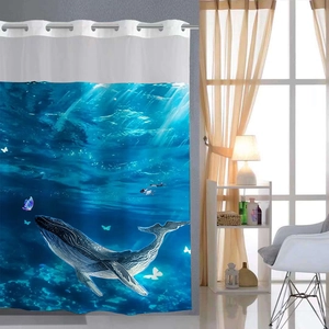 Waterproof Waffle Shower Curtain Set Polyester Hookless Double Layer Detachable Liner Marine Whale Ocean Theme Decor