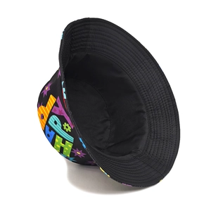 Street style Happy Birthday bucket hat with colorful graffiti prints and black lining