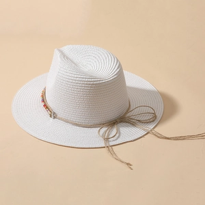 Cappello estivo Panama in paglia bianco crema con perline colorate e fiocco in corda