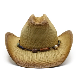Classic western cattle head cowboy straw hat with colorful beads and curved brim