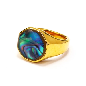 Detailed close-up of octagonal gold ring featuring colorful iridescent abalone shell inlay