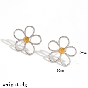 Detail view of silver and gold flower stud earrings with 29mm by 30mm dimensions