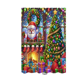 Waterproof polyester Christmas shower curtain with Santa Claus, elf and festive tree