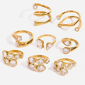 Adjustable Open Ring 18K Gold Plated Stainless Steel Cubic Zirconia Waterproof Hypoallergenic Fashion Jewelry For Women