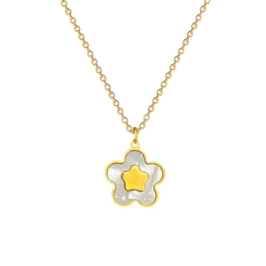Titanium steel gold necklace with a white shell flower pendant and star center detail