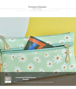 Detail view of a green canvas daisy pouch featuring double zippers and a convenient front pocket