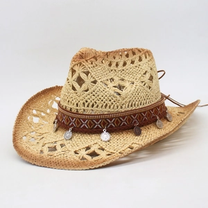 Hand Woven Hollow Paper Straw Cowboy Hat With Ethnic Embroidery Band Metal Coins Bohemian Sunshade Beach Hat For Women