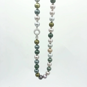 Elegant multi-color Tahitian pearl necklace with peacock green tones and crystal metal clasp
