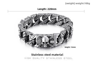 Macro detail of vintage stainless steel skull bracelet with 220mm length and 108g weight