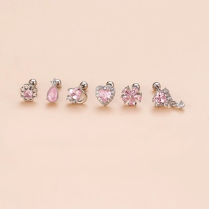 Pink zircon heart and flower earrings set in stainless steel for cartilage piercing
