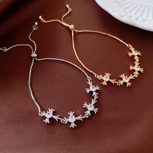 Elegant Copper Cross Flower Adjustable Bracelet With Sparkling Zircon Niche Design Jewelry For Women