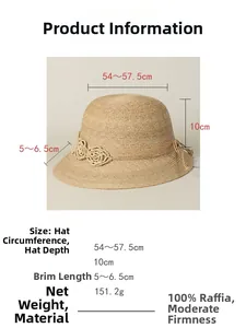 Size chart showing 54-57.5cm head circumference and 100% raffia material details