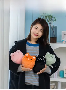 Close-up of four colorful plush kitten keychains held by a model in a warm home setting