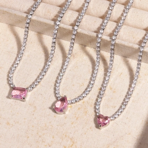 Silver zircon necklace set featuring pink heart pear and rectangle crystal pendants